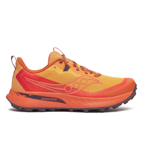 Peregrine 15 - Men by Saucony in orange and red with PWRRUN foam cushioning and durable PWRTRAC outsole for trail running and outdoor use
