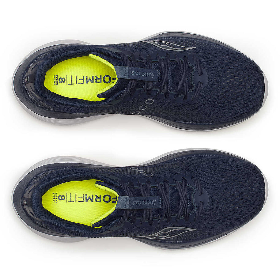 Endorphin Trainer - Men by Saucony in navy and neon yellow, high-tech durable road running shoes for speed and everyday training