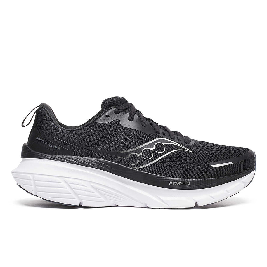 Guide 18 - Men by Saucony in black and white, cushioned running shoe with PWRRUN foam and CenterPath tech for road running comfort