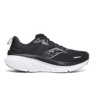 Guide 18 - Men by Saucony in black and white, cushioned running shoe with PWRRUN foam and CenterPath tech for road running comfort