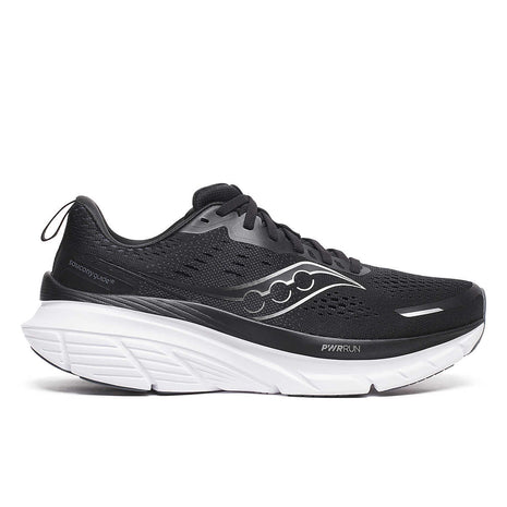 Guide 18 - Men by Saucony in black and white, cushioned running shoe with PWRRUN foam and CenterPath tech for road running comfort