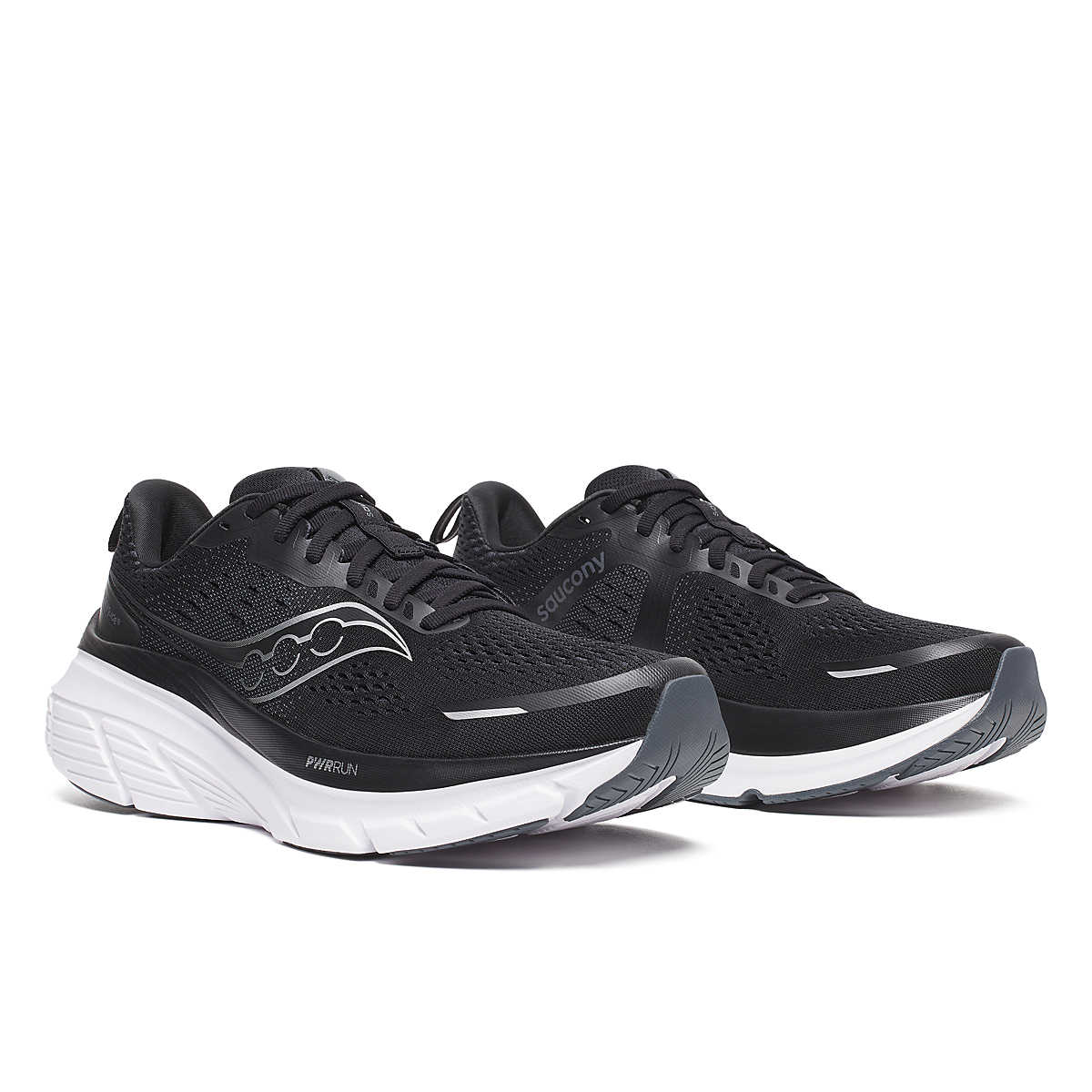 Guide 18 - Men by Saucony in black and white with PWRRUN cushioning and CenterPath tech for road running and comfort