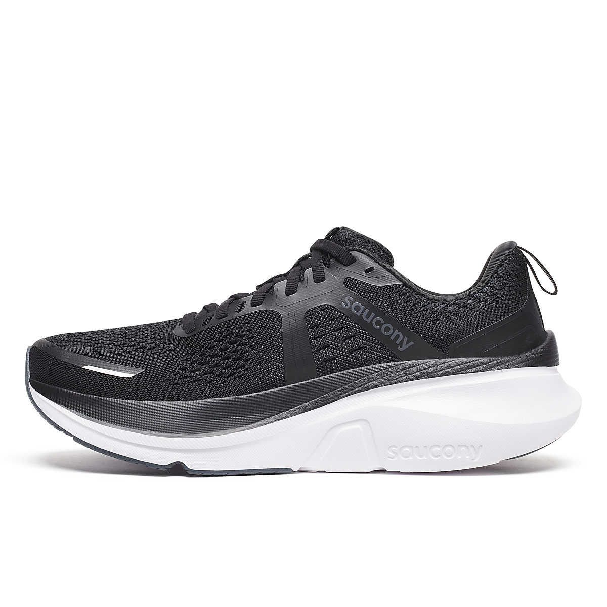 Guide 18 - Men by Saucony in black with white sole, cushioned running shoes with PWRRUN and CenterPath for road running and comfort