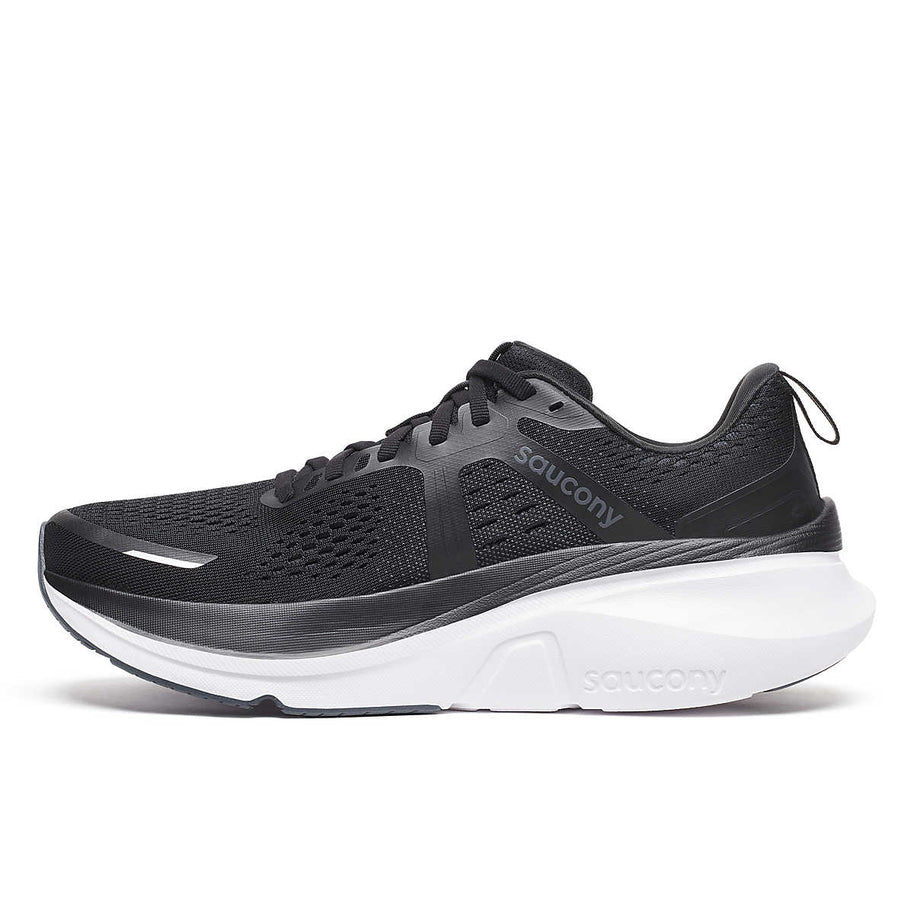 Guide 18 - Men by Saucony in black with white sole, cushioned running shoes with PWRRUN and CenterPath for road running and comfort