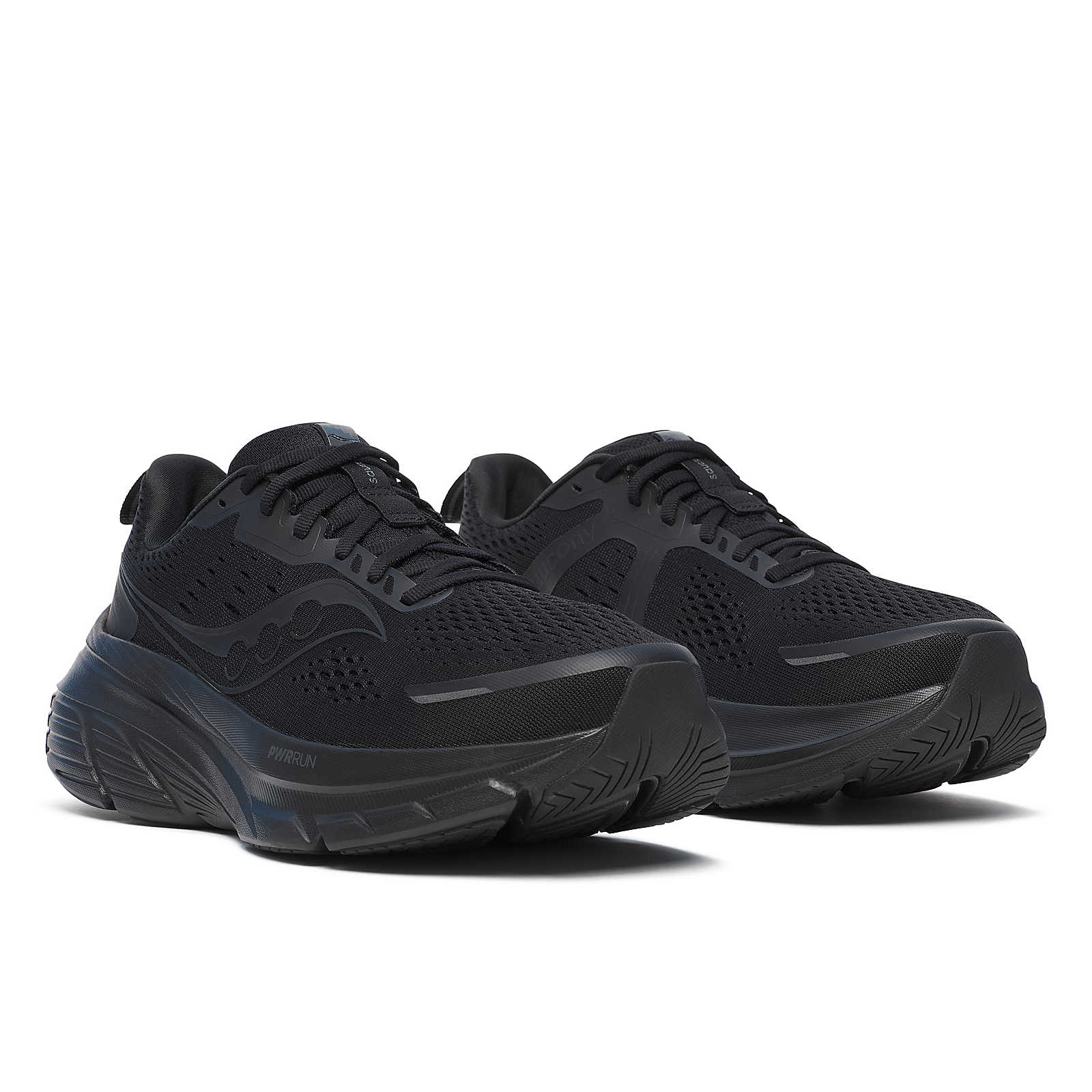 Guide 18 - Men by Saucony in black, cushioned road running shoes with PWRRUN technology and CenterPath support for stability