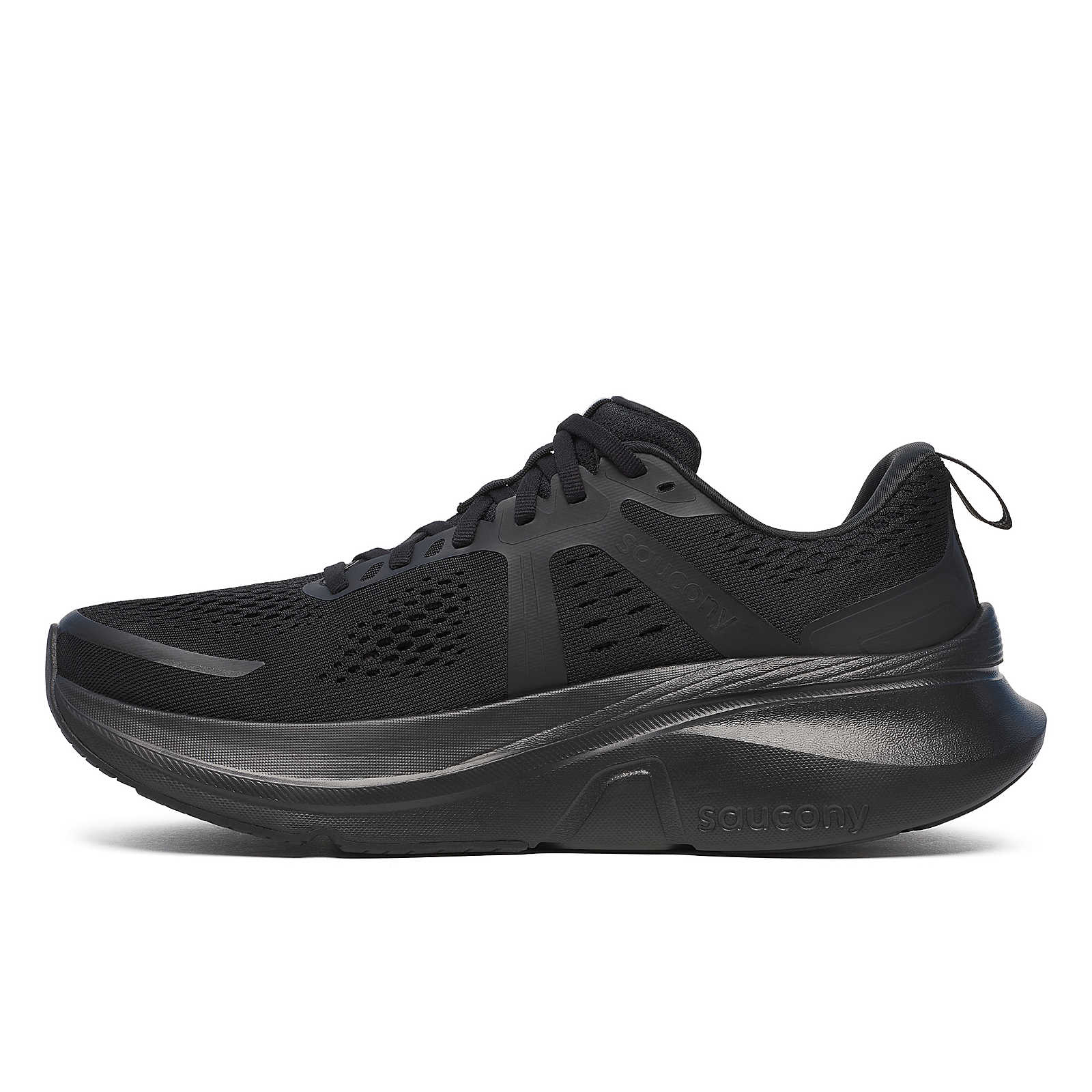 Guide 18 - Men by Saucony in black, cushioned road running shoe with PWRRUN cushioning and CenterPath technology for support and comfort