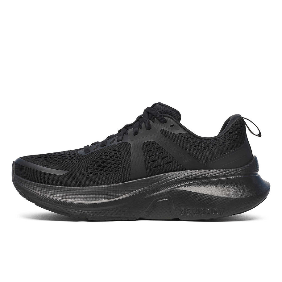 Guide 18 - Men by Saucony in black, cushioned road running shoe with PWRRUN cushioning and CenterPath technology for support and comfort