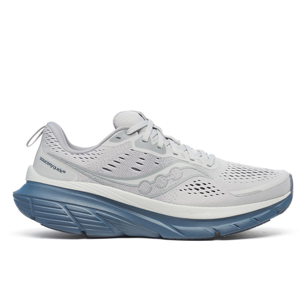 Guide 18 - Men by Saucony in light grey and blue with enhanced PWRRUN cushioning, CenterPath tech for road running comfort and protection