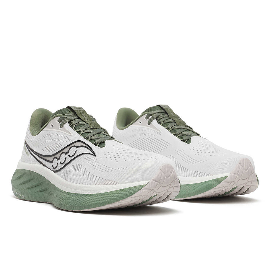 Ride 18 - Men by Saucony in white and green lightweight responsive road running shoes perfect for comfort and daily runs
