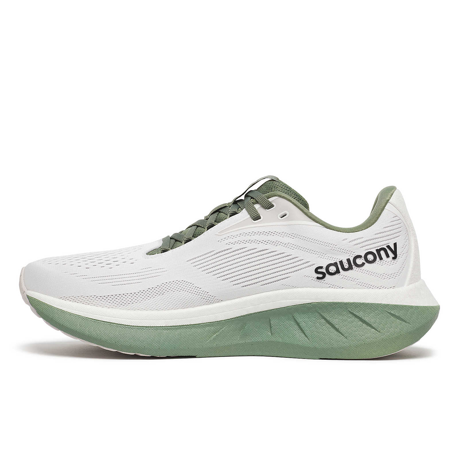 Ride 18 - Men by Saucony in white and green lightweight responsive road running shoe, ideal for versatile daily runs and comfort