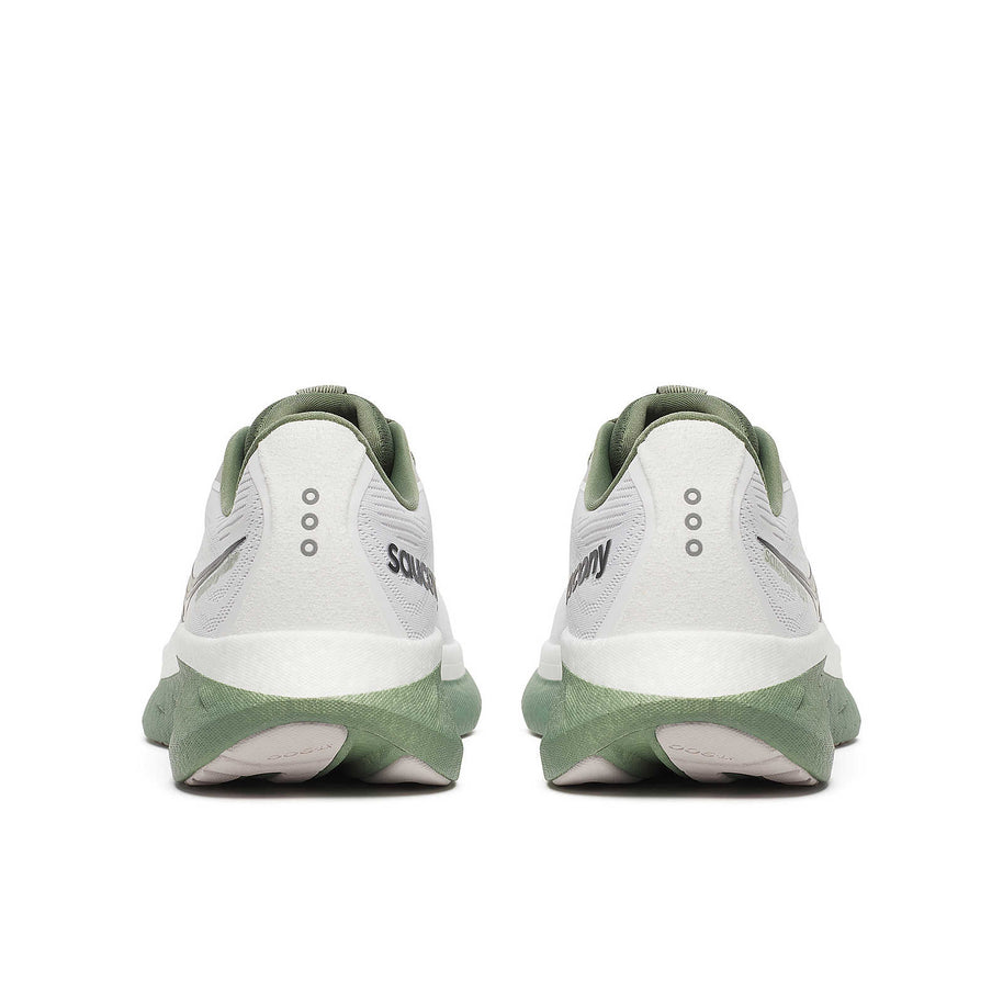 Ride 18 - Men by Saucony in white and green, lightweight responsive road running shoe designed for comfort and versatility