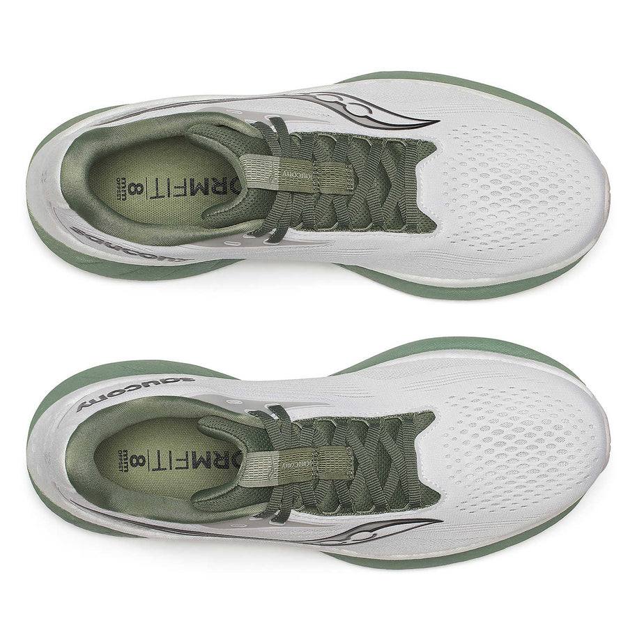 Ride 18 - Men by Saucony in white and green, lightweight road running shoes with responsive cushioning for versatile running comfort