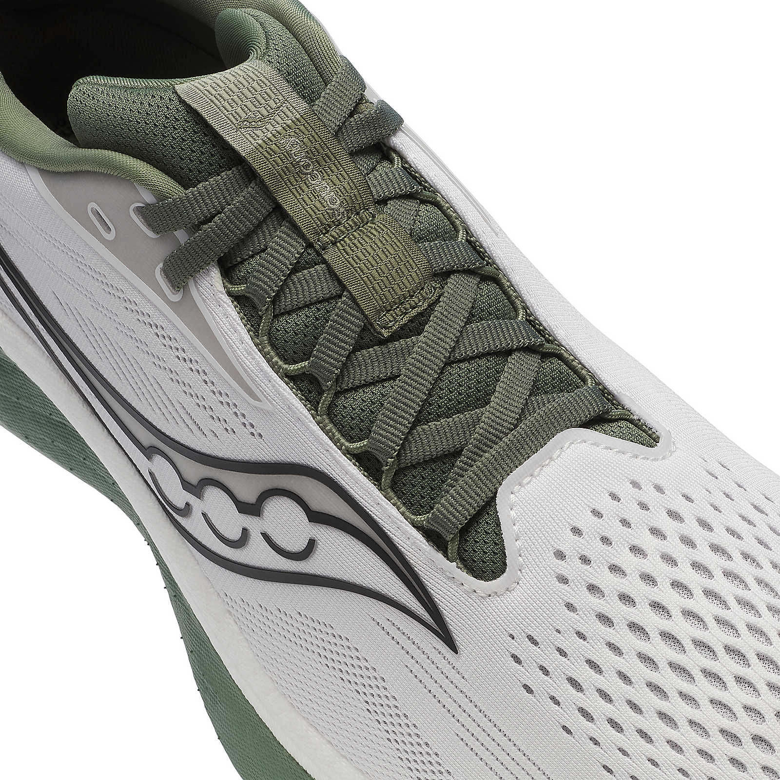 Ride 18 - Men by Saucony in white and green, lightweight responsive road running shoe designed for comfort and versatile daily runs