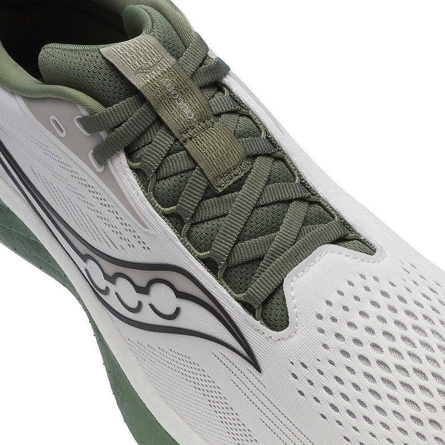 Ride 18 - Men by Saucony in white and green, lightweight responsive road running shoe designed for comfort and versatile daily runs