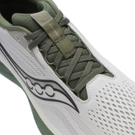 Ride 18 - Men by Saucony in white and green, lightweight responsive road running shoe designed for comfort and versatile daily runs