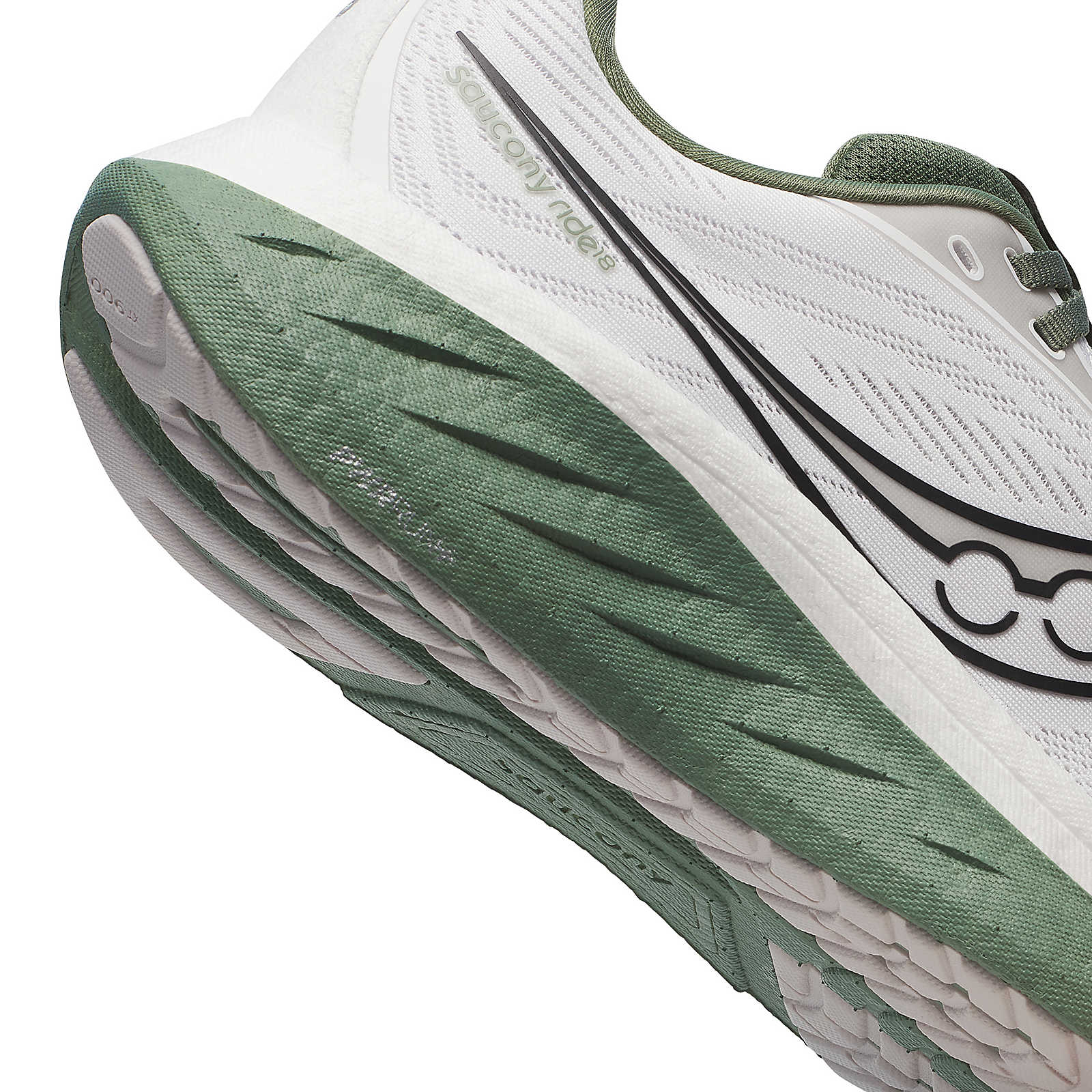 Ride 18 - Men by Saucony in white and green lightweight responsive road running shoe designed for comfort and versatile everyday running