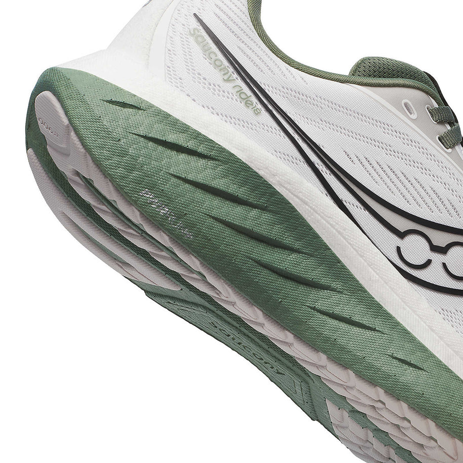 Ride 18 - Men by Saucony in white and green lightweight responsive road running shoe designed for comfort and versatile everyday running