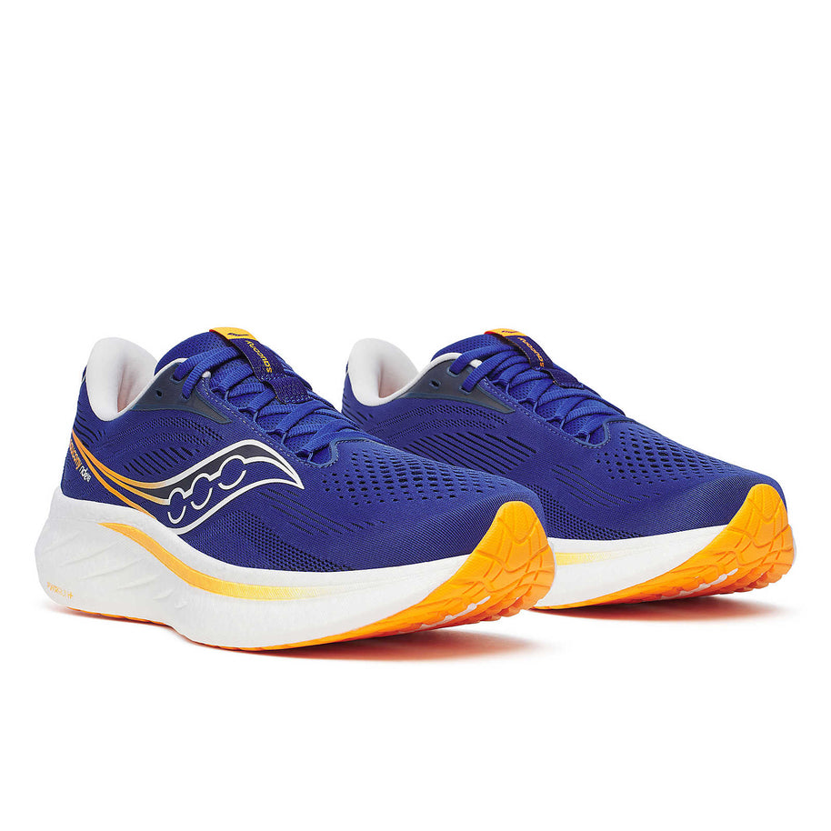 Ride 18 - Men by Saucony in blue and orange, lightweight responsive road running shoe designed for comfort and versatility