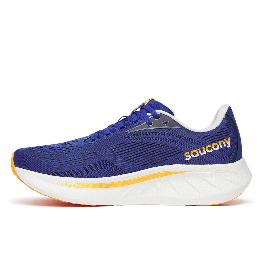 Ride 18 - Men by Saucony in blue and orange, lightweight responsive road running shoe designed for comfort and versatility