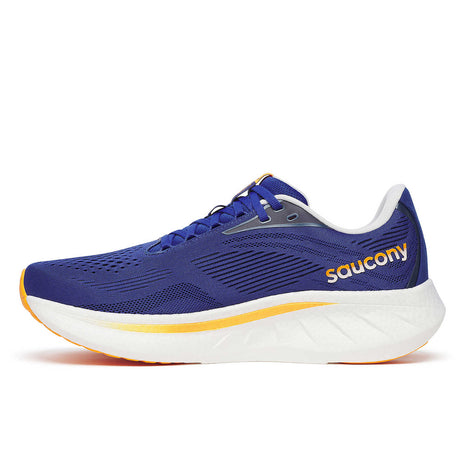 Saucony Ride 18 men's road running shoe in Azurite/Peel, inner side view with gold saucony logo