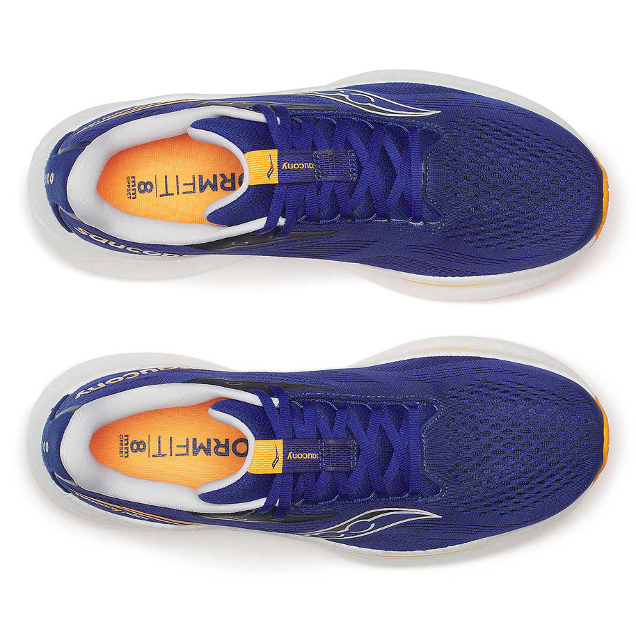 Ride 18 - Men by Saucony in blue with orange accents, lightweight responsive road running shoe designed for comfort and versatility