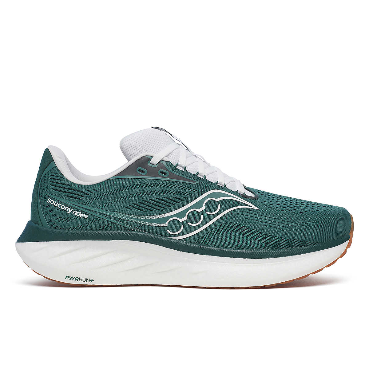 Ride 18 - Men by Saucony in green and white, lightweight road running shoe with responsive cushioning for comfort and performance
