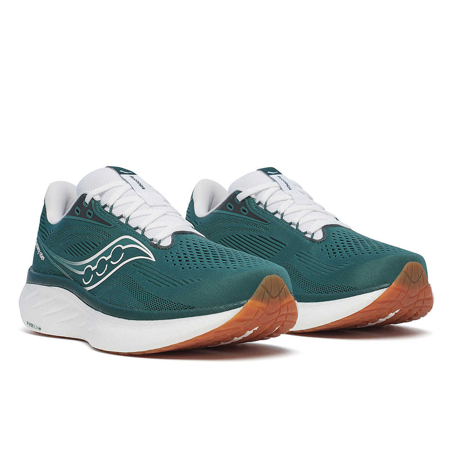 Ride 18 - Men by Saucony in green and white, lightweight responsive road running shoes designed for comfort and daily training