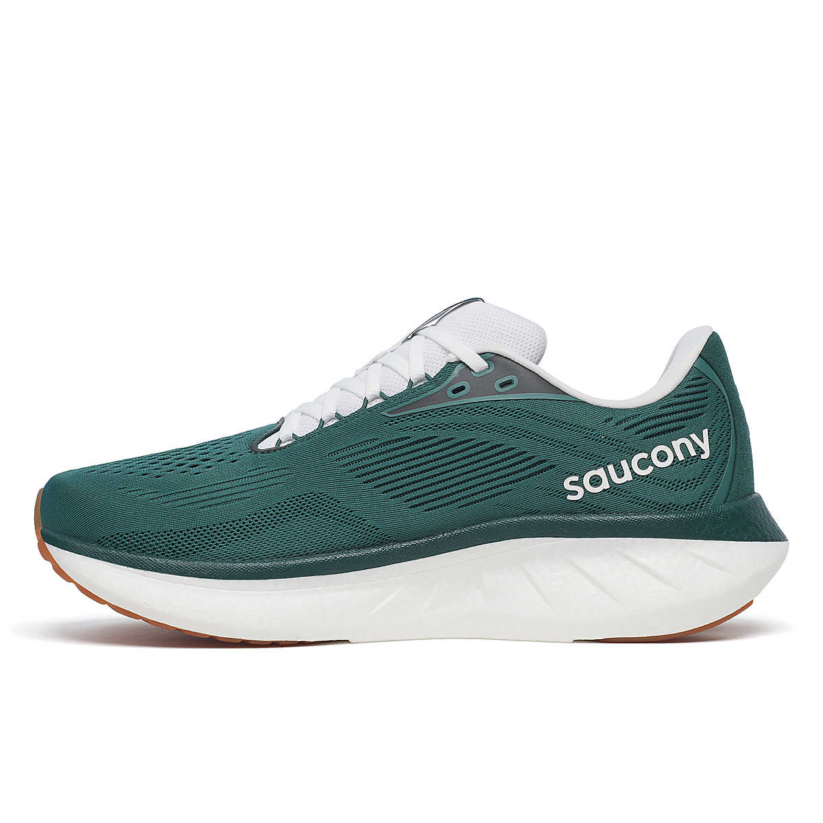 Ride 18 - Men by Saucony in green and white, lightweight responsive running shoe designed for comfort and versatile road running