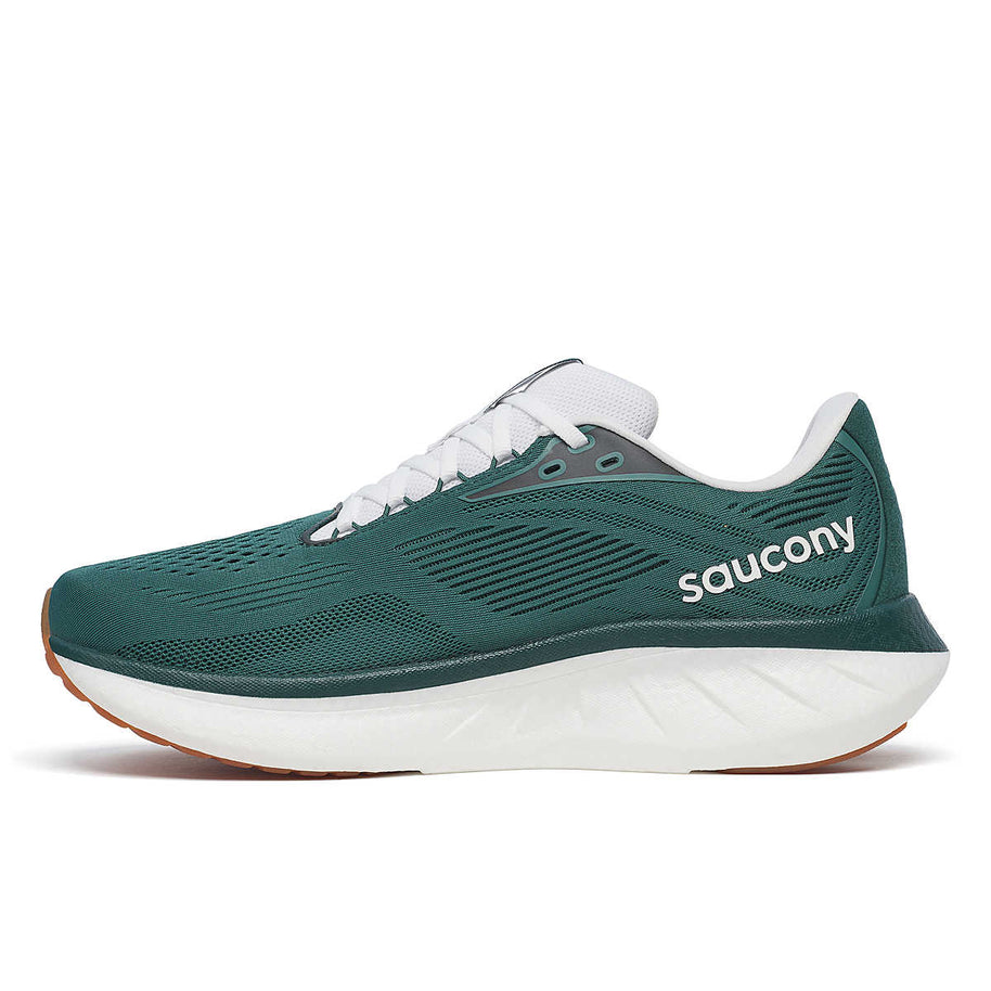 Ride 18 - Men by Saucony in green and white, lightweight responsive running shoe designed for comfort and versatile road running