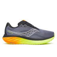 Ride 18 - Men by Saucony in grey, black, orange, and neon green, lightweight responsive road running shoe for comfort and versatility