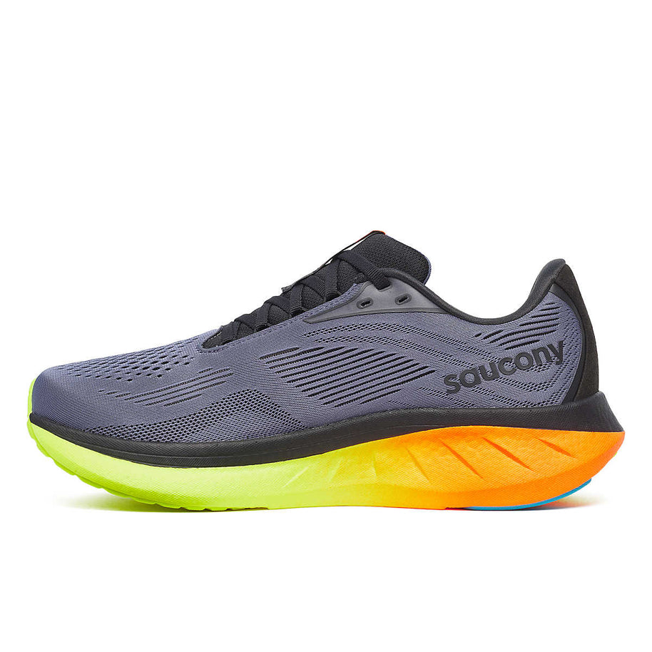 Ride 18 - Men by Saucony in grey with neon yellow and orange sole, lightweight soft responsive road running shoe for daily use