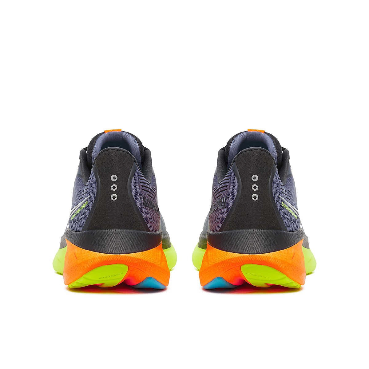 Ride 18 - Men by Saucony in black and bright orange, lightweight responsive running shoes designed for road running and daily comfort