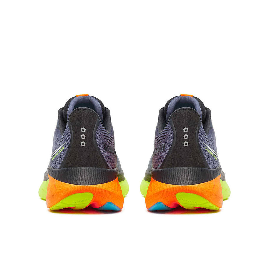 Ride 18 - Men by Saucony in black and bright orange, lightweight responsive running shoes designed for road running and daily comfort