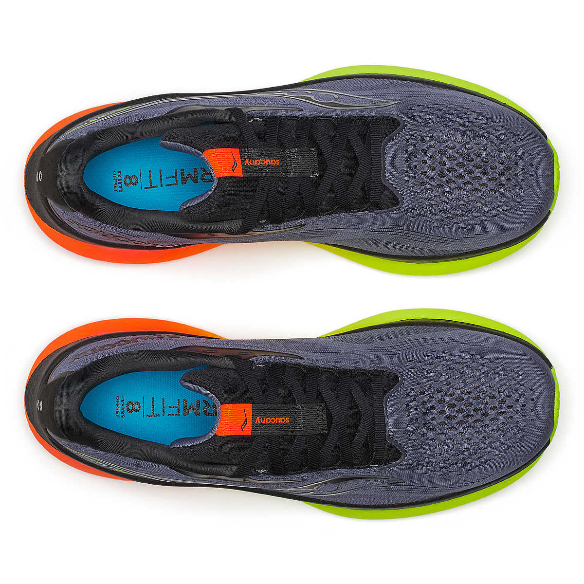 Ride 18 - Men by Saucony in grey with neon green and orange accents, lightweight responsive road running shoes for comfort and versatility