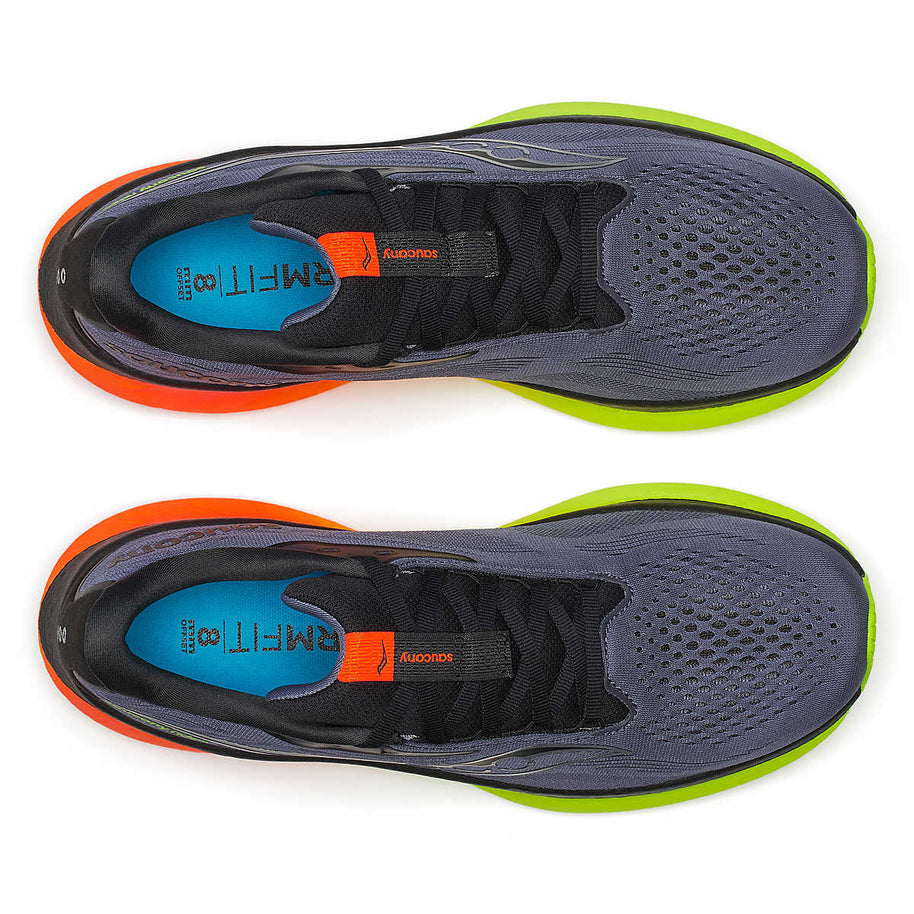 Ride 18 - Men by Saucony in grey with neon green and orange accents, lightweight responsive road running shoes for comfort and versatility