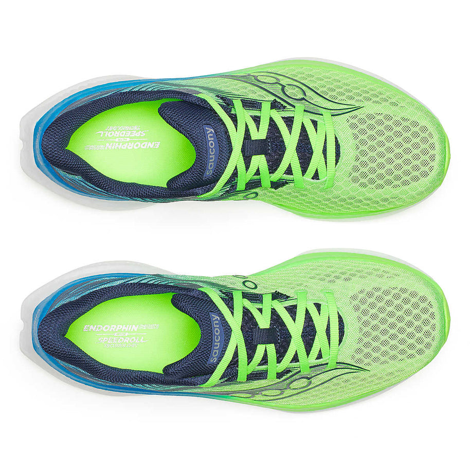 Endorphin Speed 5 - Men by Saucony in neon green and navy, lightweight road running shoe with nylon plate and PWRRUN PB cushioning for fast, smooth strides