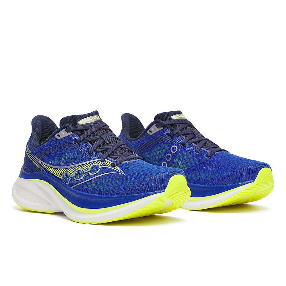 Endorphin Speed 5 - Men by Saucony in blue and neon yellow with nylon plate and PWRRUN PB cushi for fast road running and racing