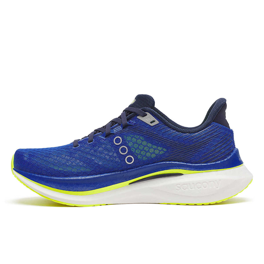 Endorphin Speed 5 - Men by Saucony in blue and neon yellow, lightweight road running shoe with nylon plate and PWRRUN PB cushioning for speed and smooth strides