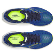 Endorphin Speed 5 - Men by Saucony in blue and neon green, lightweight road running shoe with nylon plate and PWRRUN PB cushioning for speed and smooth strides
