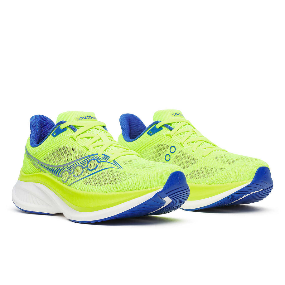 Endorphin Speed 5 - Men by Saucony in neon yellow and blue, lightweight road running shoes with nylon plate and PWRRUN PB cushioning for speed