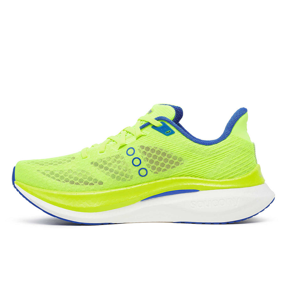 Endorphin Speed 5 - Men by Saucony in neon yellow and blue with nylon plate and PWRRUN PB cushioning for fast smooth road running