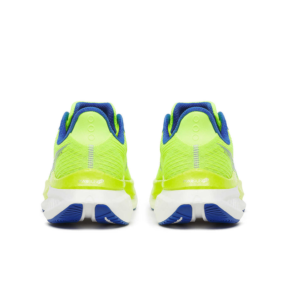Endorphin Speed 5 - Men by Saucony in bright yellow and blue, lightweight road running shoes with nylon plate and PWRRUN PB cushioning for speed and smooth strides