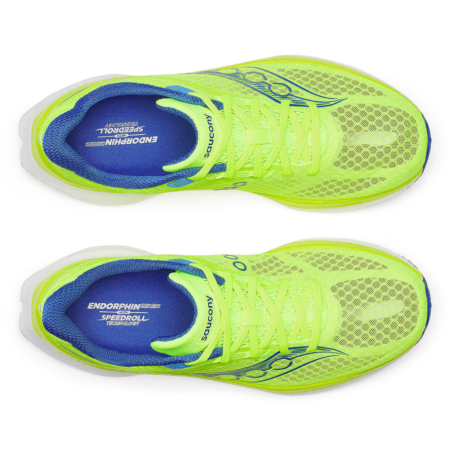 Endorphin Speed 5 - Men by Saucony in neon yellow and blue lightweight road running shoe with PWRRUN PB cushioning and nylon plate for speed