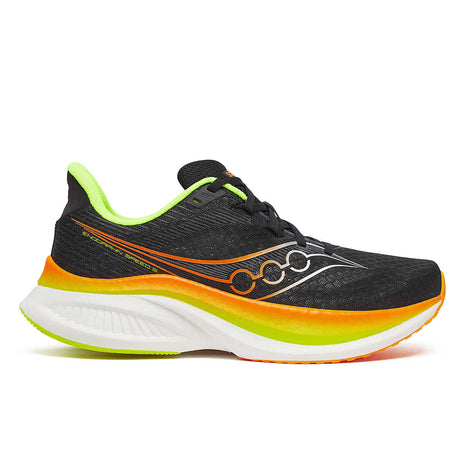 Endorphin Speed 5 - Men by Saucony in black, orange, and neon green with nylon plate and PWRRUN PB cushioning for fast road running
