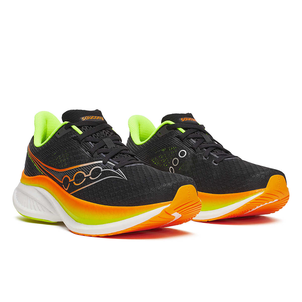 Endorphin Speed 5 - Men by Saucony in black, orange, and neon green with nylon plate and PWRRUN PB cushion for fast road running