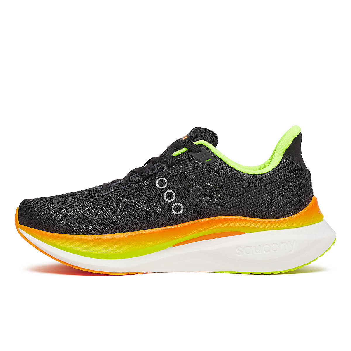 Endorphin Speed 5 - Men by Saucony in black, neon green and orange, lightweight road running shoe with nylon plate and PWRRUN PB cushioning for speed and smooth strides