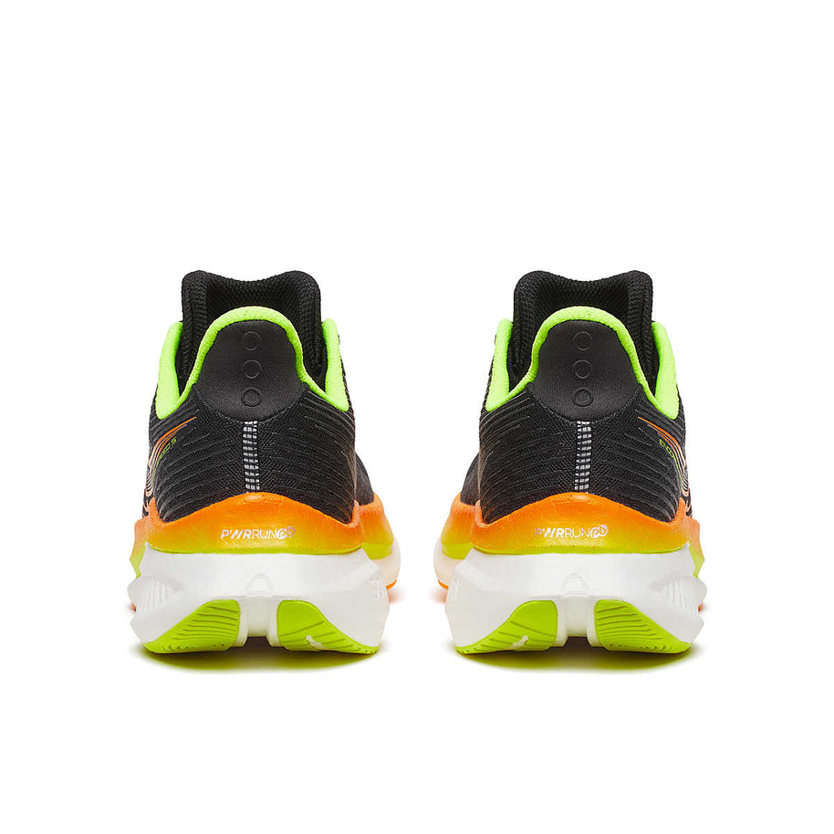 Endorphin Speed 5 - Men by Saucony in black, orange, and lime with nylon plate and PWRRUN PB cushioning for road running speed