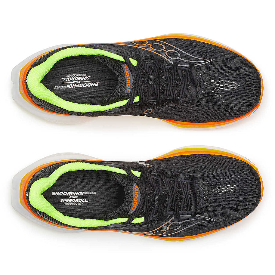 Endorphin Speed 5 - Men by Saucony in black and orange with nylon plate and PWRRUN PB cushioning for fast road running and racing