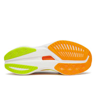 Endorphin Speed 5 - Men by Saucony in white with orange and lime outsole, nylon plate and PWRRUN PB cushioning for road running and speed