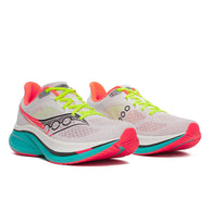 Endorphin Speed 5 - Men by Saucony in white, coral, teal with nylon plate and PWRRUN PB cushioning for fast road running and racing